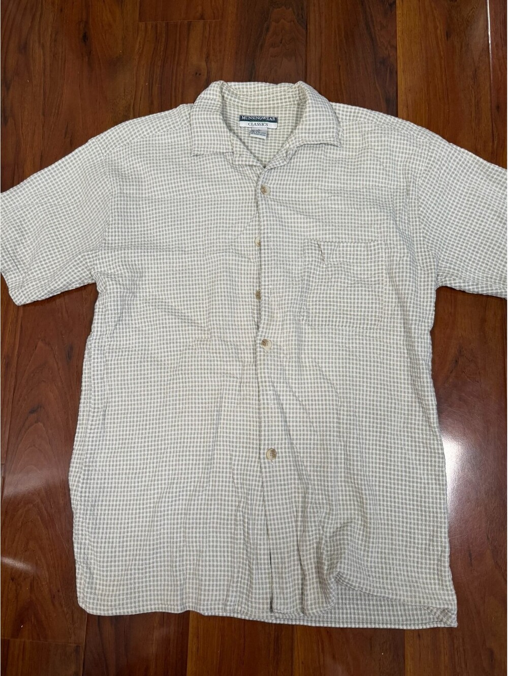 Munsingwear Knit Plaid Short Sleeve Green White Cotton Button Up Shirt Men's L